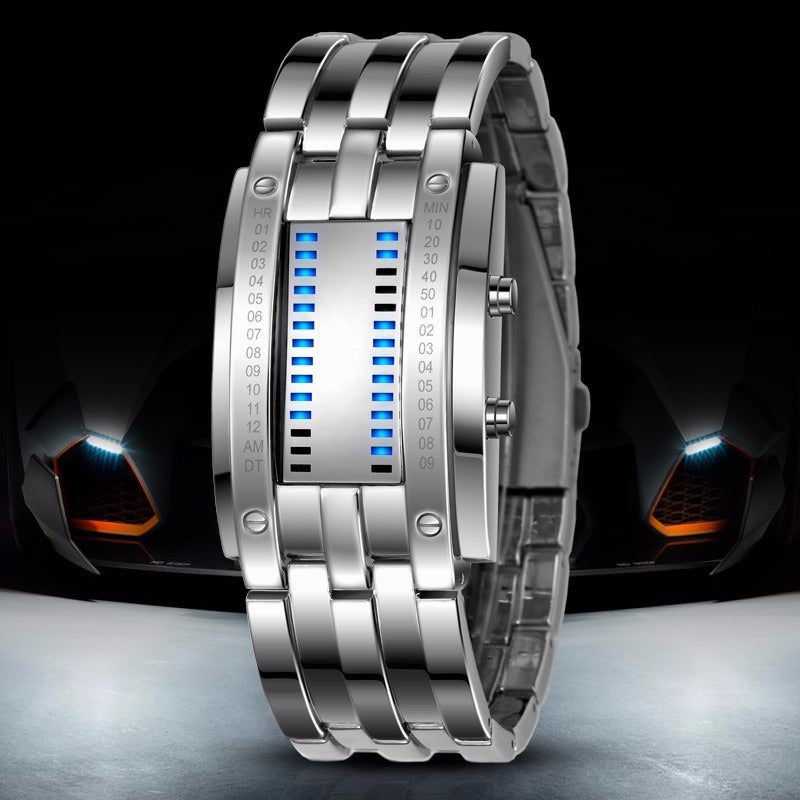 Relógio Binário Futurista — Ecrã LED Azul · Aço Inoxidável ⌚